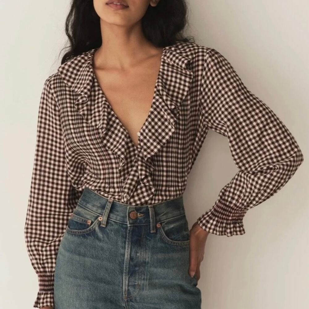DOEN Hardy Blouse - Delphine Plaid - 100% Organic Cotton - Ruffled - Size S